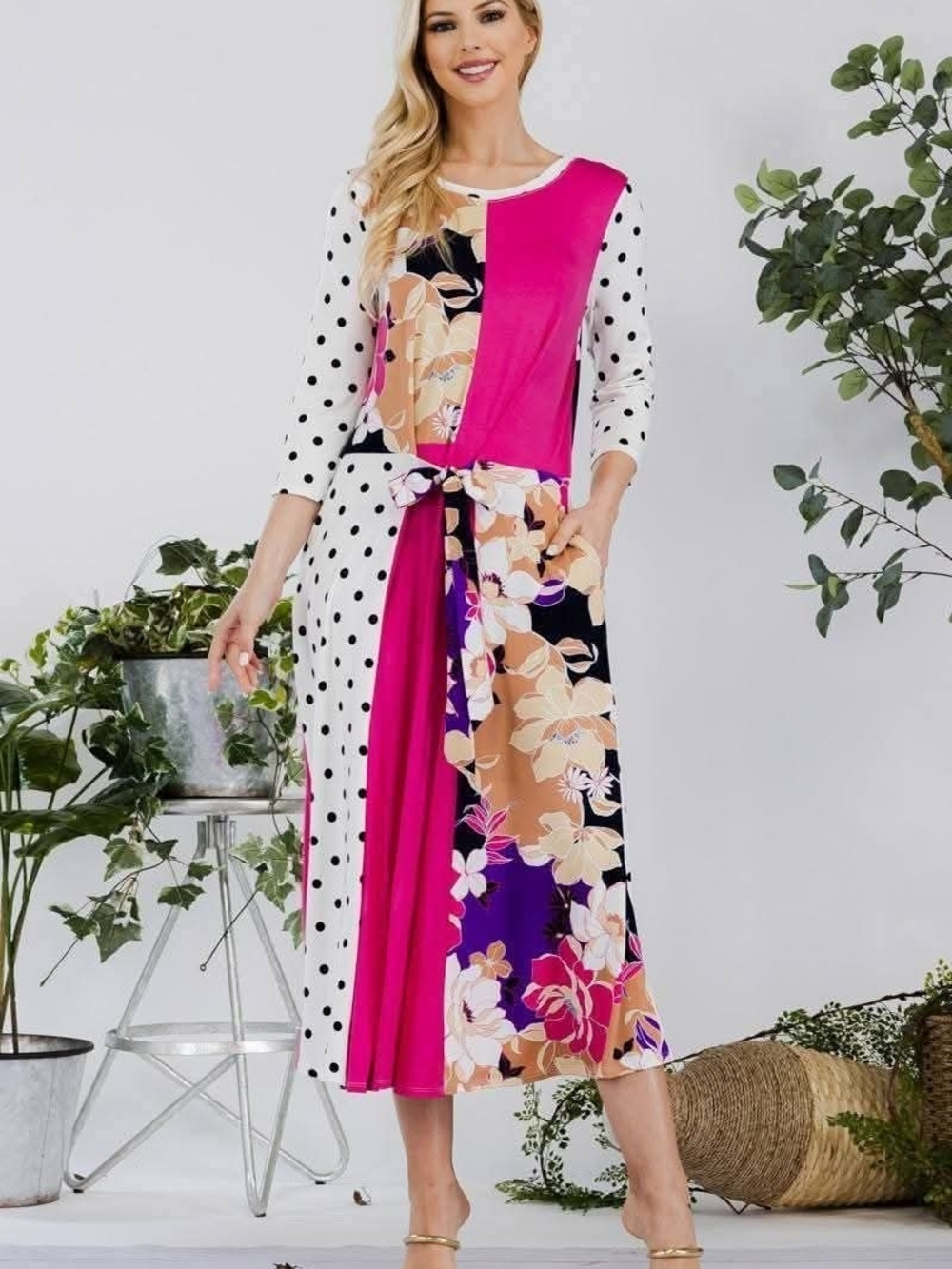Celeste Fuchsia & Black-White Polka Dot Floral Patchwork Midi Dress